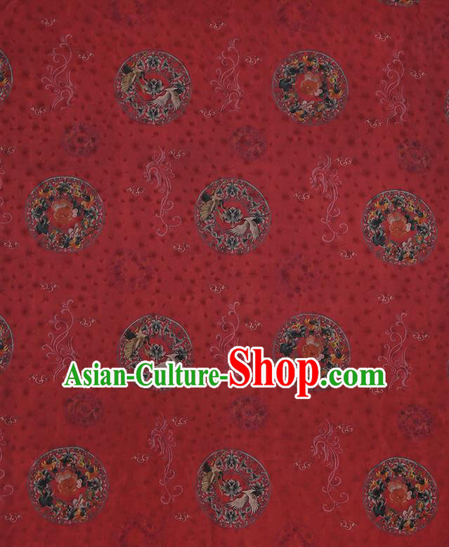 Chinese Classical Printing Crane Peony Pattern Design Red Gambiered Guangdong Gauze Fabric Asian Traditional Cheongsam Silk Material