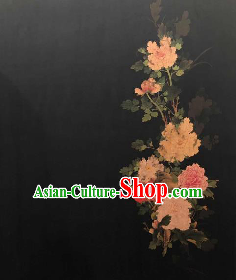 Asian Chinese Traditional Peony Pattern Design Black Gambiered Guangdong Gauze Fabric Silk Material