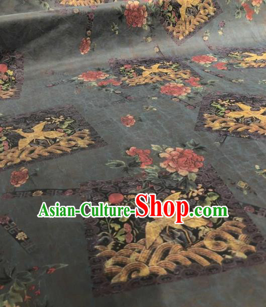 Asian Chinese Traditional Crane Peony Pattern Design Black Gambiered Guangdong Gauze Fabric Silk Material