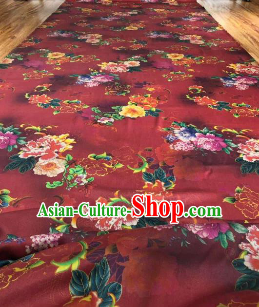 Asian Chinese Traditional Peony Pattern Design Red Gambiered Guangdong Gauze Fabric Silk Material