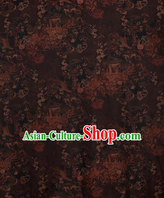 Chinese Classical Jacquard Plum Pattern Design Deep Brown Gambiered Guangdong Gauze Fabric Asian Traditional Cheongsam Silk Material