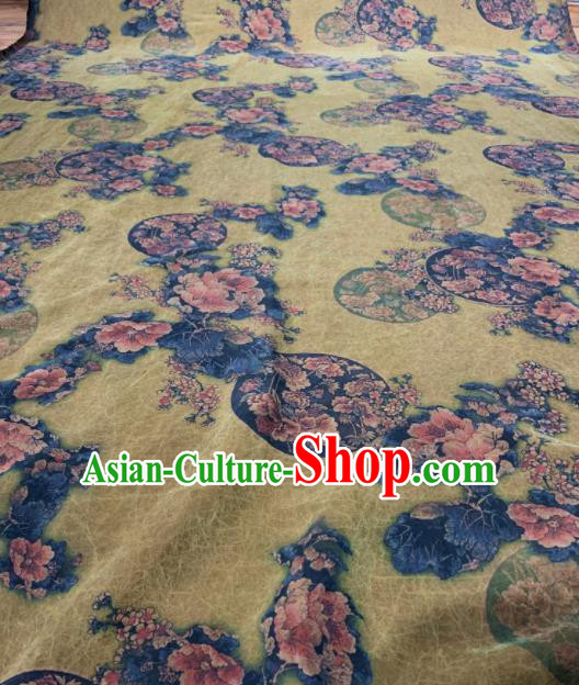 Asian Chinese Traditional Peony Fan Pattern Design Yellow Gambiered Guangdong Gauze Fabric Silk Material