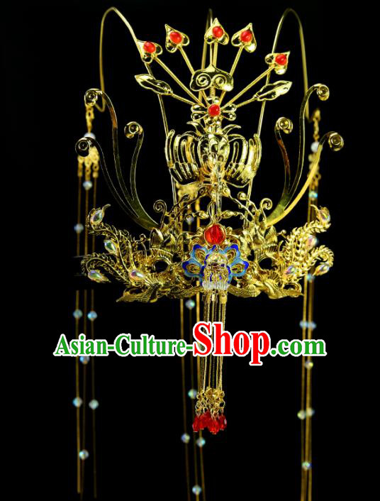 Chinese Classical Wedding Golden Phoenix Coronet Hair Accessories Ancient Bride Hairpins for Women