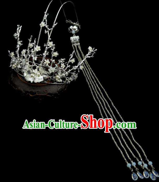 Chinese Ancient Princess Argent Tassel Hair Crown Traditional Classical Dance Hair Accessories for Women