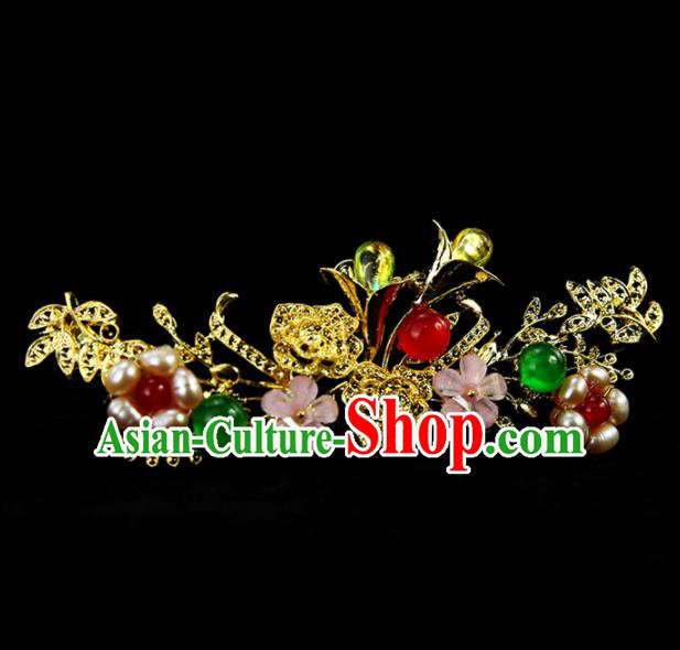 Chinese Ancient Princess Pearls Golden Hair Crown Traditional Classical Dance Hair Accessories for Women