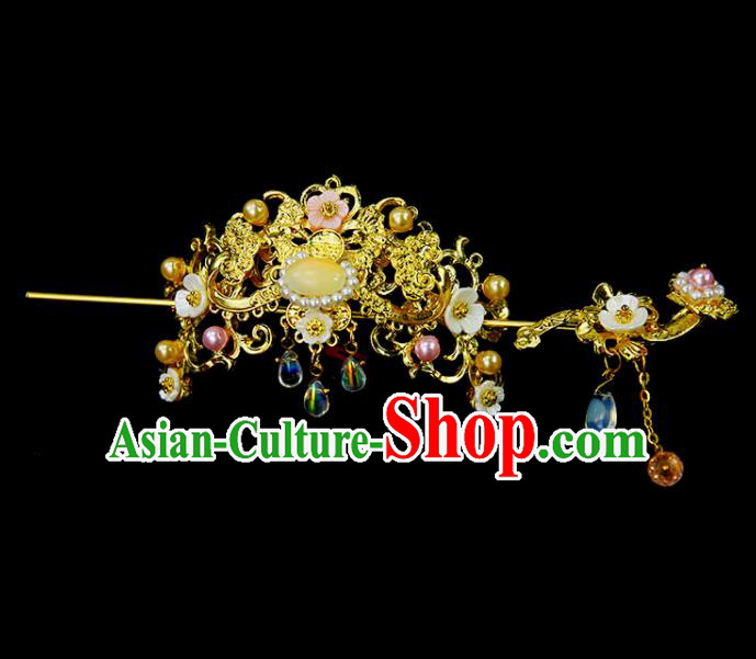 Chinese Ancient Princess Yellow Chalcedony Hair Crown and Hairpins Traditional Classical Dance Hair Accessories for Women
