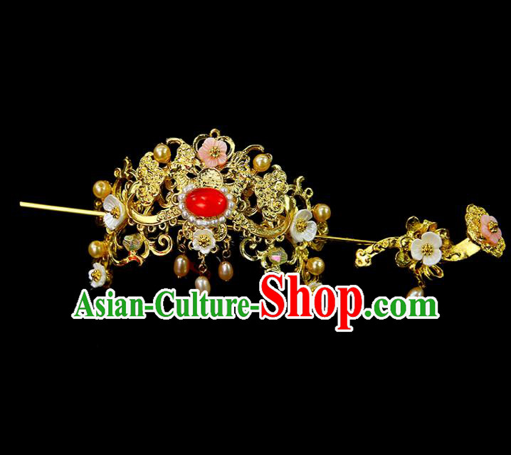 Chinese Ancient Princess Red Glass Hair Crown and Hairpins Traditional Classical Dance Hair Accessories for Women