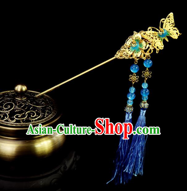 Chinese Ancient Princess Blue Tassel Butterfly Hairpins Traditional Classical Dance Hair Accessories for Women