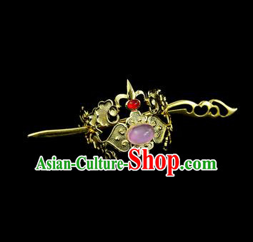 Chinese Drama Royal Prince Purple Glass Hair Crown and Golden Hairpin Ancient Swordsman Hair Accessories for Men