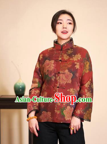 Top Grade Traditional Chinese Embroidered Red Blouse Tang Suit Silk Upper Outer Garment for Women