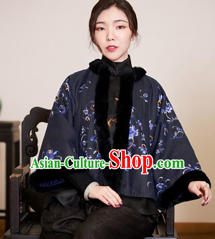 Top Grade Traditional Chinese Embroidered Black Cotton Wadded Jacket Silk Qipao Upper Outer Garment for Women