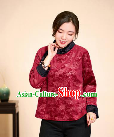 Top Grade Traditional Chinese Embroidered Wine Red Blouse Tang Suit Silk Upper Outer Garment for Women