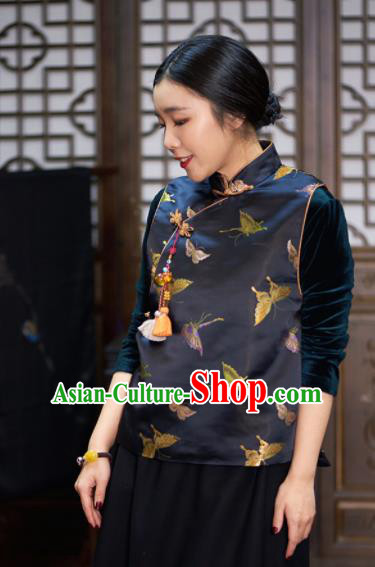 Top Grade Traditional Chinese Embroidered Black Brocade Vest Tang Suit Silk Upper Outer Garment for Women