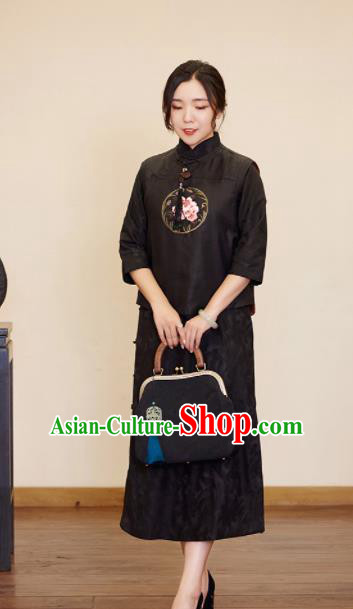 Top Grade Traditional Chinese Embroidered Black Vest Tang Suit Upper Outer Garment for Women