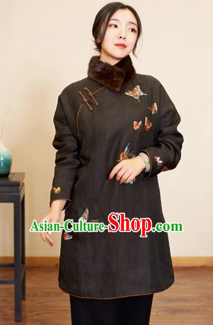 Top Grade Traditional Chinese Embroidered Butterfly Cotton Wadded Jacket Tang Suit Silk Upper Outer Garment for Women