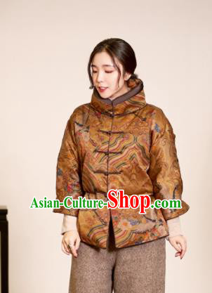 Top Grade Traditional Chinese Printing Golden Cotton Wadded Jacket Tang Suit Silk Upper Outer Garment for Women