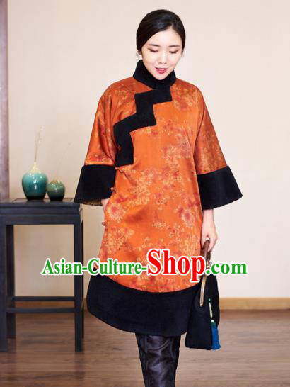 Traditional Chinese Graceful Orange Brocade Cheongsam Silk Qipao Dress for Women