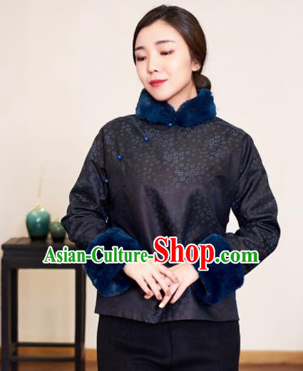 Top Grade Traditional Chinese Printing Black Wadded Jacket Tang Suit Silk Upper Outer Garment for Women