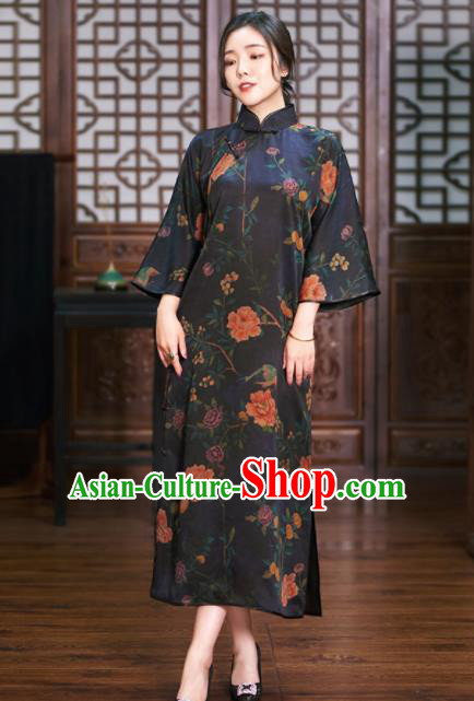 Traditional Chinese Graceful Black Cheongsam Tang Suit Silk Qipao Dress for Women