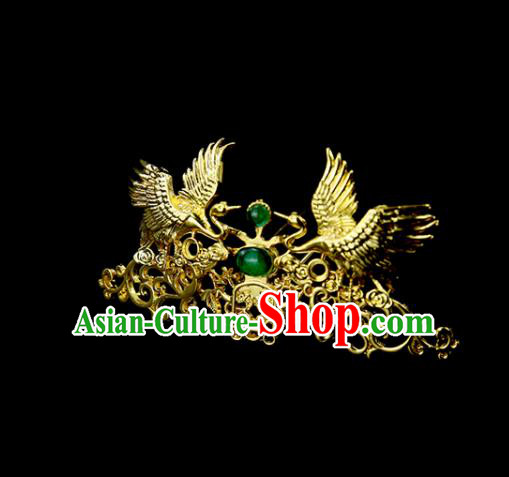 Chinese Ancient Princess Green Glass Golden Crane Hair Crown Traditional Classical Dance Hair Accessories for Women