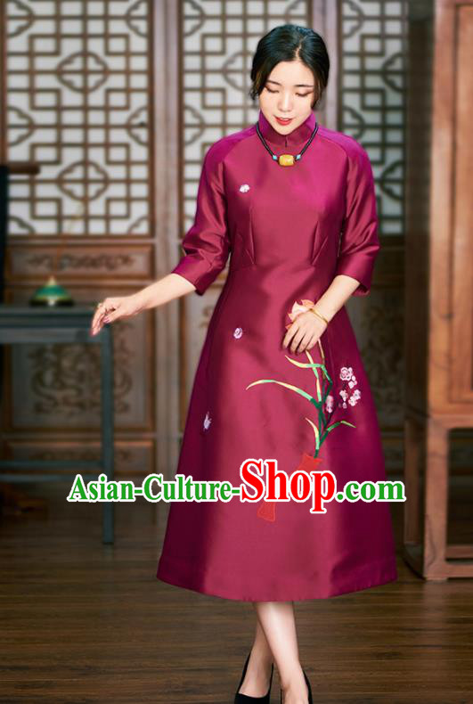 Traditional Chinese Graceful Embroidered Lotus Wine Red Cheongsam Tang Suit Silk Qipao Dress for Women