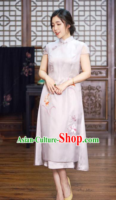 Traditional Chinese National Graceful Embroidered White Silk Cheongsam Tang Suit Qipao Dress for Women