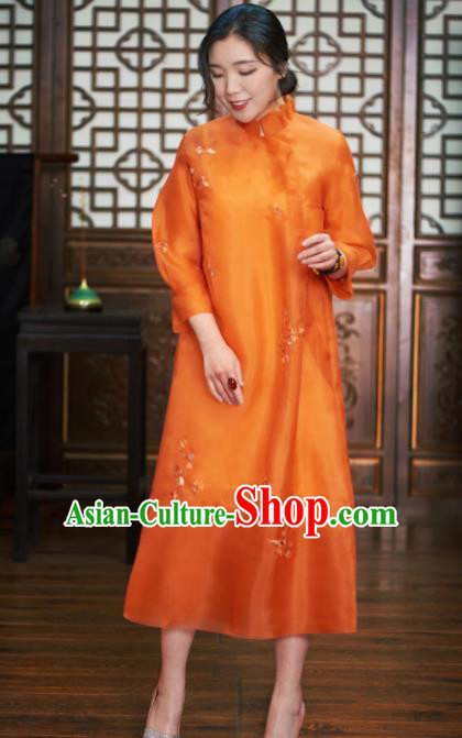 Traditional Chinese National Graceful Embroidered Orange Silk Cheongsam Tang Suit Qipao Dress for Women