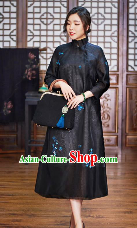 Traditional Chinese National Graceful Embroidered Black Organza Cheongsam Tang Suit Qipao Dress for Women