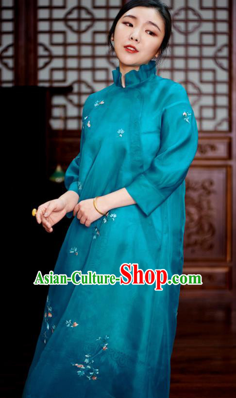 Traditional Chinese National Graceful Embroidered Blue Organza Cheongsam Tang Suit Qipao Dress for Women