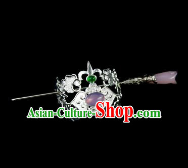 Chinese Drama Argent Hair Crown and Purple Magnolia Hairpin Ancient Swordsman Hair Accessories for Men