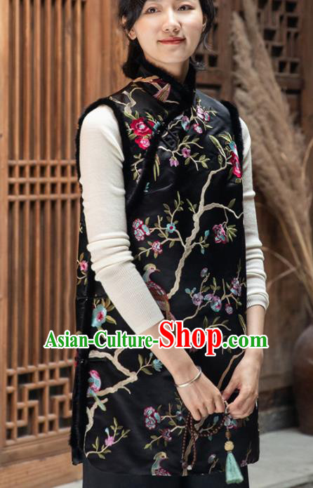 Top Grade Traditional Chinese Embroidered Black Cotton Wadded Vest Tang Suit Upper Outer Garment for Women