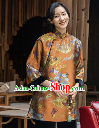 Top Grade Traditional Chinese Orange Cotton Wadded Jacket Tang Suit Silk Upper Outer Garment for Women