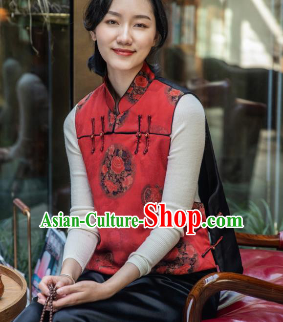 Top Grade Traditional Chinese Red Cotton Wadded Vest Tang Suit Upper Outer Garment for Women