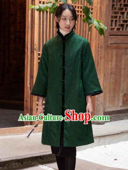 Top Grade Traditional Chinese National Green Cotton Wadded Coat Tang Suit Silk Upper Outer Garment for Women