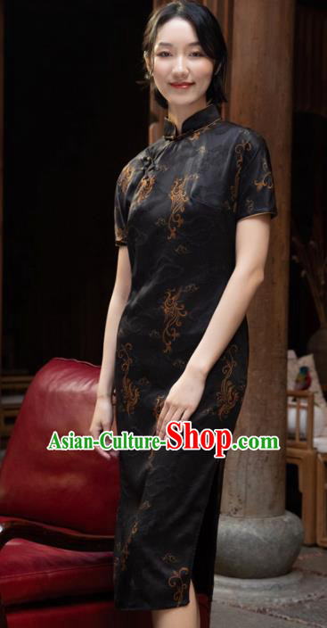 Traditional Chinese National Graceful Black Silk Cheongsam Tang Suit Qipao Dress for Women