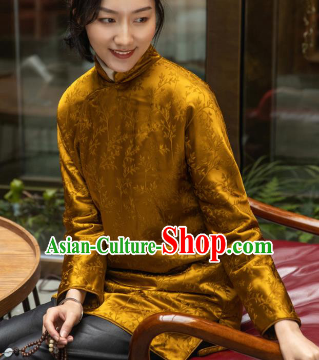 Top Grade Traditional Chinese National Golden Cotton Wadded Coat Tang Suit Silk Upper Outer Garment for Women