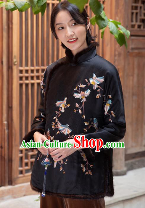 Top Grade Traditional Chinese National Embroidered Black Cotton Wadded Coat Tang Suit Silk Upper Outer Garment for Women