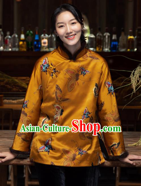 Top Grade Traditional Chinese National Printing Butterfly Golden Cotton Wadded Jacket Tang Suit Silk Upper Outer Garment for Women