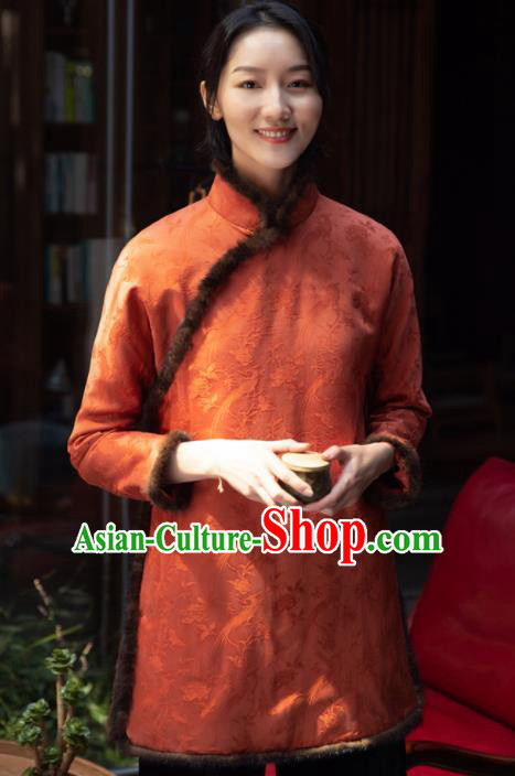 Top Grade Traditional Chinese National Orange Cotton Wadded Jacket Tang Suit Silk Upper Outer Garment for Women