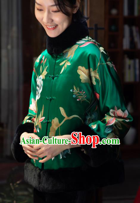 Top Grade Traditional Chinese National Embroidered Green Cotton Wadded Jacket Tang Suit Silk Upper Outer Garment for Women