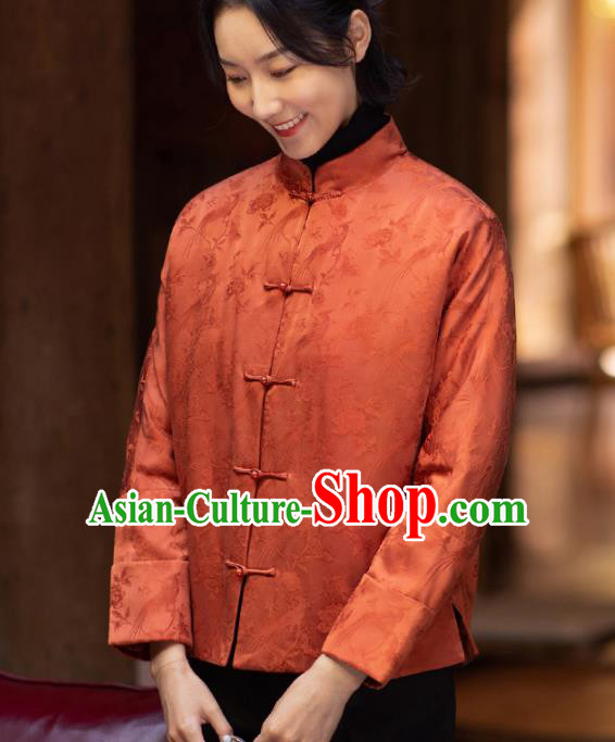 Top Grade Traditional Chinese National Orange Cotton Wadded Jacket Tang Suit Silk Upper Outer Garment for Women