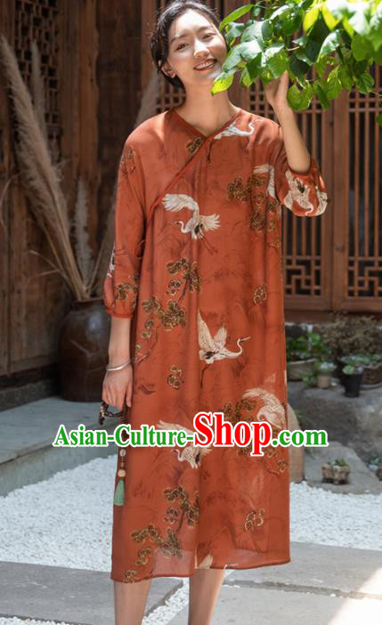 Traditional Chinese National Graceful Printing Cranes Orange Silk Cheongsam Tang Suit Qipao Dress for Women