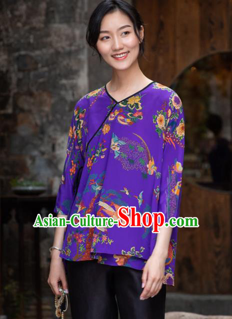 Top Grade Traditional Chinese National Printing Purple Silk Blouse Tang Suit Upper Outer Garment for Women