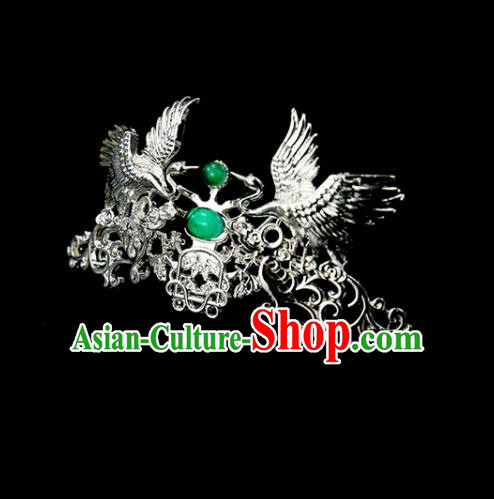 Chinese Ancient Princess Green Glass Argent Crane Hair Crown Traditional Classical Dance Hair Accessories for Women