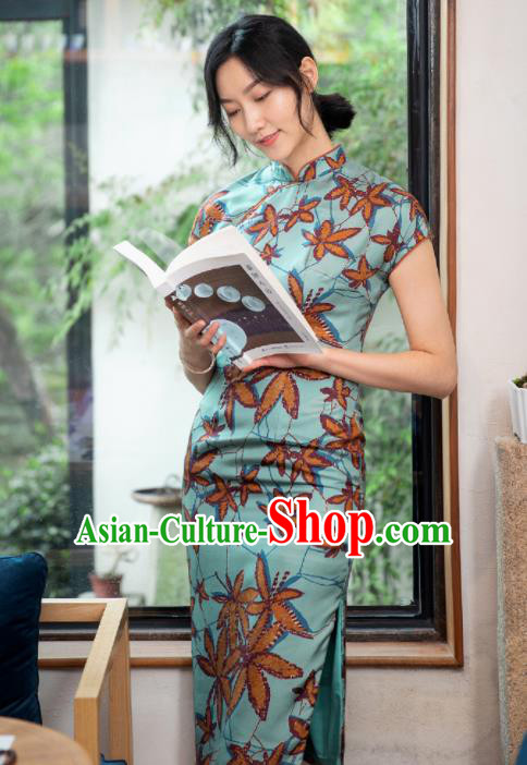 Traditional Chinese National Graceful Printing Blue Silk Cheongsam Tang Suit Qipao Dress for Women