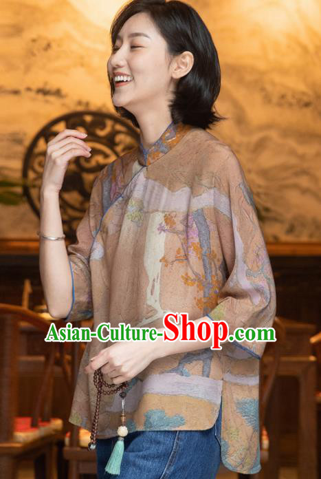 Top Grade Traditional Chinese National Printing Light Brown Silk Blouse Tang Suit Upper Outer Garment for Women