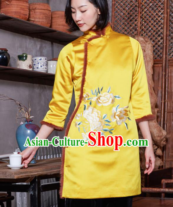 Top Grade Traditional Chinese National Embroidered Peony Yellow Silk Jacket Tang Suit Upper Outer Garment for Women