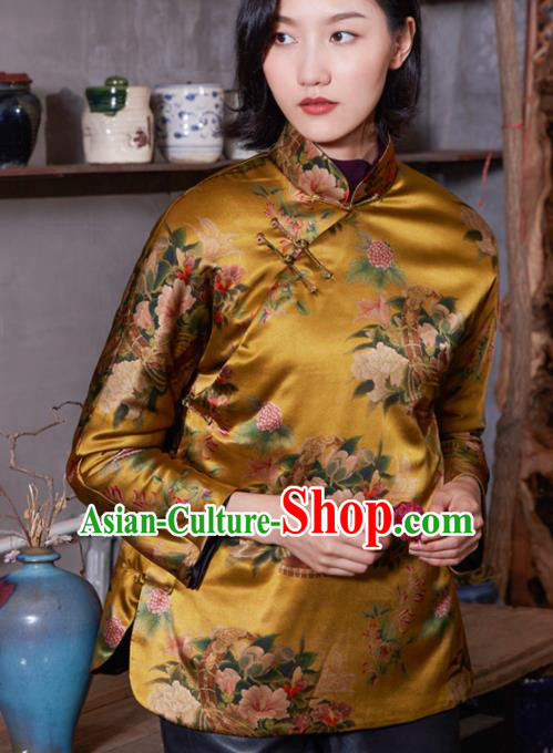 Top Grade Traditional Chinese National Printing Golden Silk Jacket Tang Suit Upper Outer Garment for Women