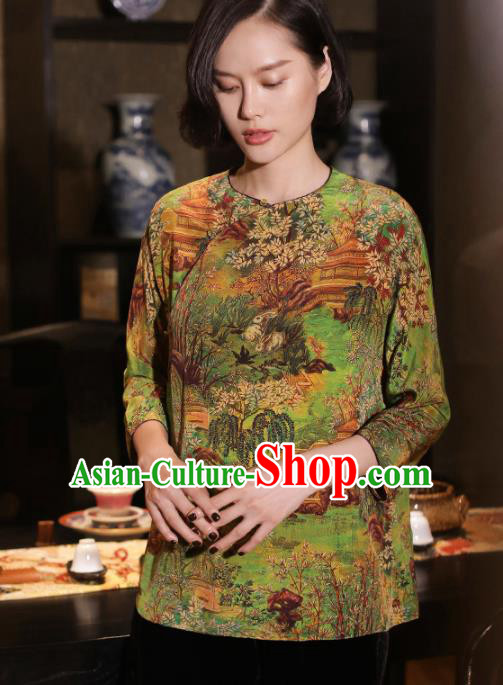 Top Grade Traditional Chinese National Printing Green Silk Blouse Tang Suit Upper Outer Garment for Women