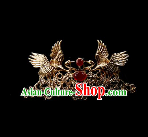 Chinese Ancient Princess Red Glass Hair Clip Golden Cranes Hairpins Traditional Classical Dance Hair Accessories for Women